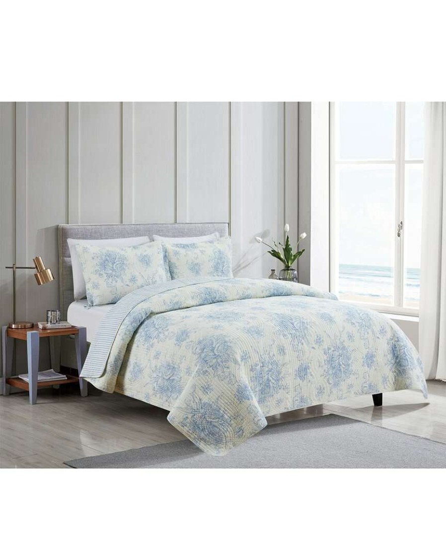 Comforters & Quilts * | Melange Home Toile Reversible Cotton Quilt Set Comforters & Quilts Blue