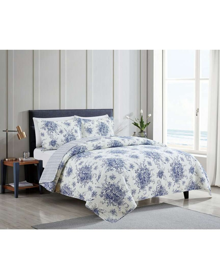 Comforters & Quilts * | Melange Home Toile Reversible Cotton Quilt Set Comforters & Quilts Navy